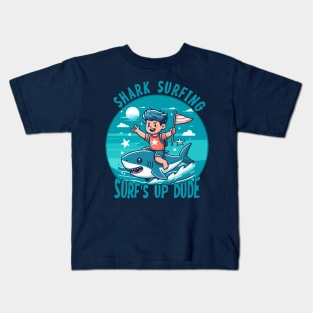 Shark Surfing -Surf's up Dude [boy riding a shark] Kids T-Shirt